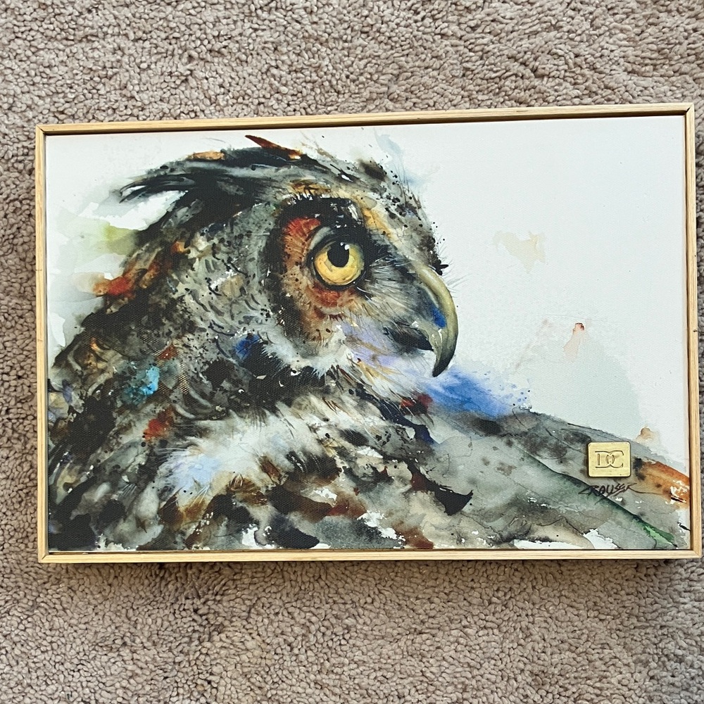 Dean Crouser Watercolor Owl Art Painting with Wood Frame
